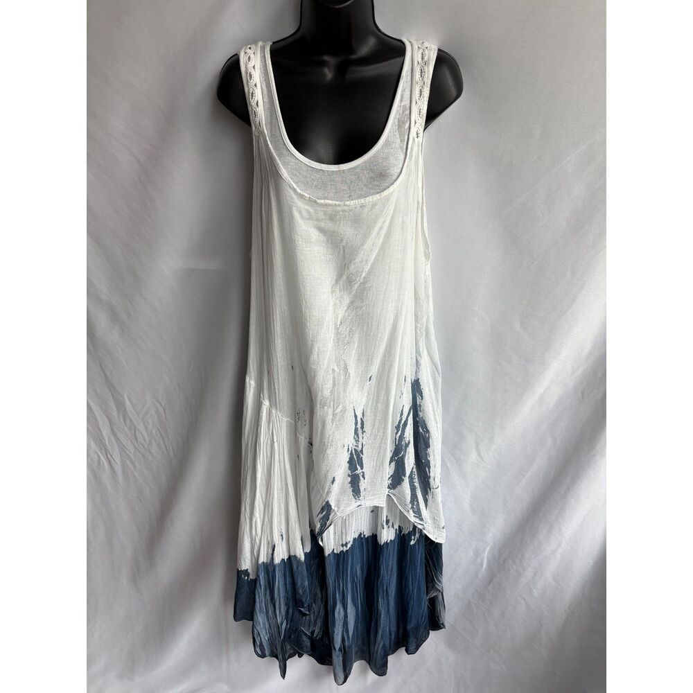 Italian White Cotton Distressed Midi Dress Size M Shark Tooth Navy Artsy Quirky